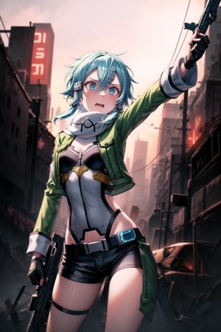 ((Best quality)), masterpiece, Sinon1, (surprised:1.5), (scared:1.5), lips, aiming at viewer, holding pistol, ((Sinon, cyberpunk, hair ornament, hairclip)), ((arms outstretched, pose)), 1girl, bangs, belt pouch, black gloves, black shorts, blue eyes, blue hair, fingerless gloves, green jacket, green legwear, gun, hair between eyes, hair ornament, hairclip, highres, jacket, long sleeves, outdoors, handgun, scarf, shadow, short hair, short hair with long locks, short shorts, shorts, sidelocks, Sinon, pistol, solo, sword art online, weapon, Anime illustration, post-apocalyptic cyberpunk setting, cowboy shot.

Sinon appears out of breath and agitated, with a surprised and scared expression, lips slightly parted, as she senses something or someone behind her. She is holding her handgun, arms outstretched, aiming it at the viewer but glancing over her shoulder with wide, frightened eyes. The background features a ruined cityscape with neon signs, broken buildings, and flickering lights, enhancing the cyberpunk atmosphere. The scene is lit with a mix of neon glows and dark shadows, emphasizing the chaotic and dystopian environment, reinforcing the tension and her heightened sense of alertness.