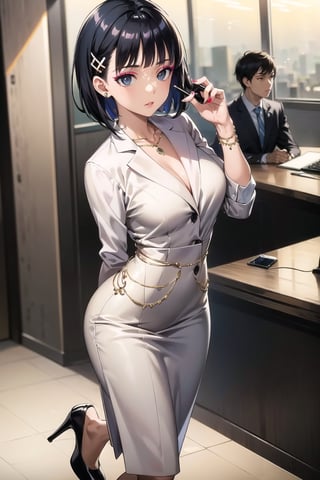 (best quality), (highly detailed), masterpiece, (official art), suguha, short hair, black hair, bob cut, hairclip, hair ornament, blunt bangs, lips, 3-piece business dress, ((professional attire, confident pose)), modern office setting, (((elegant hairstyle, stylish makeup))), neutral color palette, high heels, office accessories, natural lighting, corporate ambiance, subtle jewelry, sleek design, sophisticated demeanor, ((composed expression)).  (intricately detailed, hyperdetailed), blurry background,depth of field, best quality, masterpiece, intricate details, tonemapping, sharp focus, hyper detailed, trending on Artstation,1 girl, solo,high res,official art