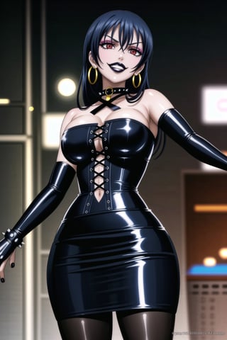 ((best quality)),  ((highly detailed)),  masterpiece,(Black lips:1.4), (white skin:1.4), ((official art)),  detailed face,  beautiful face, (cross-laced clothes:1.3), narrow_waist:1.3, dominatrix:1.4 , (intricate Black dress:1.4), (detailed eyes,  deep eyes),(science fiction, cyberpunk:1.3, street, shopping, pose:1.3, dancing:1.3, middle finger:1.3, \m/:1.2),((smirk, grin, naughty face, seductive smile, smug)) ,cowboy shot,(lips), umi sonoda, long hair, blue hair, (red eyes:1.3),   (spiked bracelet), corset:1.4, (black hoop earring:1.3), curvaceous, voluptuous body, (makeup:1.5) (lips:1.3), (latex:1.3),  (black tube top:1.2), gloves,(elbow gloves:1.2), skirt, black choker, pencil skirt, pantyhose, miniskirt, (black skirt), black gloves, black legwear, black nails,large breasts:1.2, (intricately detailed, hyperdetailed), blurry background, depth of field, best quality, masterpiece, intricate details, tonemapping, sharp focus, hyper detailed, trending on Artstation, 1 girl, solo, high res, official art,RockOfSuccubus, umi sonoda,<lora:659111690174031528:1.0>