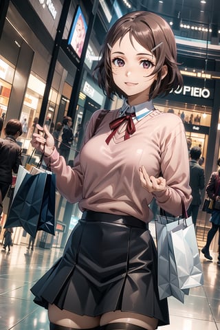 ((best quality)),  ((highly detailed)),  masterpiece,  ((official art)),  detailed face,  beautiful face,  (detailed eyes,  deep eyes),(, shopping_mall,, retail_therapy),  cowboy shot, extravagant shopping spree,  (shopping:1.2),high society,(smile:1.2, happy), rika, brown hair, hair clip, brown eyes, freckles,Black skirt,school uniform,((pink sweater:1.2)), zettai ryouiki, neck ribbon pleated skirt, black thighhighs,(at sides, looking at sides), curvaceous,  voluptuous body,  medium breast,  (intricately detailed, hyperdetailed), blurry background, depth of field, best quality, masterpiece, intricate details, tonemapping, sharp focus, hyper detailed, trending on Artstation, 1 girl, solo, high res, official art,RockOfSuccubus