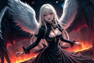 masterpiece, best quality, absurdres, 4k, 8k, uhd create fallen archangel,detailed angel wins, bloodlust, (dutch angle), hell. fire, (black wings),black dress, elizabeth, red glowy eyes, eerie, creepy, nightmarish, very bright colors, light particles, wallpaper art, ((cosmic energy)),high detailed ,evil smile, white hair, ((black lips))