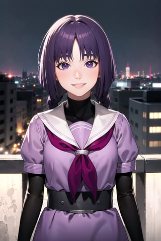 (best quality), (highly detailed), masterpiece, (official art),sumire kakei, smile, purple school uniform, twin braids, purple skirt, purple belt, black shirt,black sleeves,looking at viewer, city, night, sky, (upper body), (intricately detailed, hyperdetailed), blurry background,depth of field, best quality, masterpiece, intricate details, tonemapping, sharp focus, hyper detailed, trending on Artstation,1 girl, high res, official art