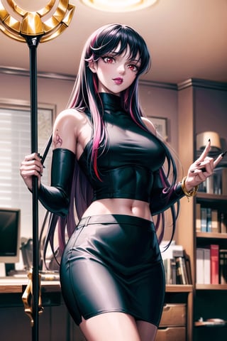 ((best quality)),  ((highly detailed)),  masterpiece,  ((official art)), (Saori, long hair, black hair:1.2, red eyes:1.2, multicolored hair:1.3),RockOfSuccubus, (lips:1.2), (black lips:1.4), black nails, (( holding staff, staff, head_tilt)),  (pubic tattoo:1.3), navel, midriff, sleeveless, bare shoulders, figure, turtleneck, ((black shirt)), (black pencil skirt), (office), lady office, , building, bracelet, parted lips, indoors, intricately detailed, hyperdetailed, blurry background, depth of field, best quality, masterpiece, intricate details, tonemapping, sharp focus, hyper detailed, trending on Artstation, 1 girl, high res, official art