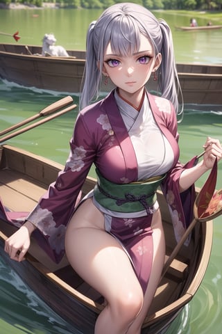 ((best quality)), ((highly detailed)), masterpiece, ((official art)), detailed face, beautiful face, (detailed eyes, deep eyes),noelle_silva, purple eyes, silver hair, long hair, bangs, Masterpiece, real photo, (solo) real light and shadow, early morning, HDR backlighting, contour light, long pink and purple hair, twin ponytails, a cute Taiwanese beauty, wearing a gorgeous Japanese kimono, the clothing highlights her perfect body curves, she is holding A plate, a diamond rice dumpling, the background is some people rowing a Chinese dragon-shaped boat on the river, celebrating the Dragon Boat Festival, medium chest, elegant temperament, maple leaf earrings