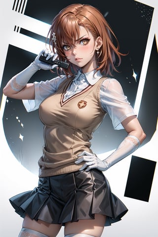 ((best quality)),  ((highly detailed)),  masterpiece,1girl, ((remote_control, aiming_at_viewer, closed_mouth, sparkling_eyes, smug, shaded_face)),(large breasts), tokiwadai school uniform, sweater vest, short sleeves, (](white gloves, elbow gloves)), pleated skirt, white thighhighs ,1girl, lips:1.2, makeup:1.2, ((gyaru)) ,jewelry, blush, earrings, looking at viewer, standing, cowboy shot, red hair, school, short hair, aamikoto ,hmmisaki,hypnoCollar,V-shaped eyebrows, 1girl