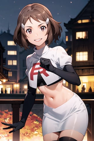 (best quality), (highly detailed), masterpiece, (official art), rika, brown hair, hairclip, freckles, brown eyes, posing, lips, ( evil smile), , Team Rocket, cropped jacket, white jacket, crop top, jacket, gloves, black gloves, elbow gloves, navel, midriff, white skirt, miniskirt, skirt, thighhighs,, looking at viewer, china, asiática, city, night, sky, (intricately detailed, hyperdetailed), blurry background,depth of field, best quality, masterpiece, intricate details, tonemapping, sharp focus, hyper detailed, trending on Artstation,1 girl, high res, official art