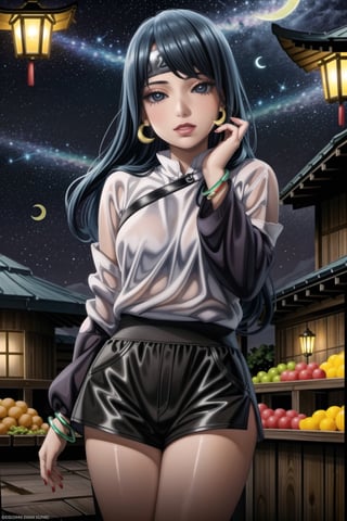 ((best quality)),  ((highly detailed)),  masterpiece,  ((official art)),  detailed face,  beautiful face ,(lips) , (detailed eyes,  deep eyes),(market, outdoor, lamp, chinese market. food, food market, people background, nigth, moon, space, star) ,cowboy shot, ,high society, pose:1.3, seductive smile, ,Saradauchiha,  1 girl,  (12 years old),  black hair,  short hair,  forehead protector,  red-rimmed glasses,  glasses,  (lips),(makeup:1.4), (((((white shirt, long sleeves, jewelry, earrings, shorts, nail polish, bracelet, short shorts, black shorts, crescent))))), curvaceous,  voluptuous body, large breast,  (intricately detailed, hyperdetailed), blurry background, depth of field, best quality, masterpiece, intricate details, tonemapping, sharp focus, hyper detailed, trending on Artstation, 1 girl, solo, high res, official art,<lora:659111690174031528:1.0>