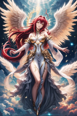 (best quality), (highly detailed), masterpiece, (official art), Rias Gremory as a serene angel, lips smile, with long flowing red hair and a delicate ahoge, luminous white wings spread wide behind her. She is wearing a simple, elegant white gown that flows gracefully around her, softly billowing as she floats in the sky. Rias stands with her arms gracefully open, as if welcoming you with a serene and benevolent presence, her yellow eyes. Rays of divine light shine down from the heavens, illuminating her figure, while she hovers among soft, glowing clouds. The sky is a serene blend of soft pastels, with golden rays breaking through, creating a heavenly and peaceful atmosphere. Her wings emit a gentle, ethereal light, adding to her angelic presence.