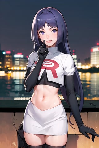 (best quality), (highly detailed), masterpiece, (official art),sumire kakei, posing, lips, smile, ((long hair)), Team Rocket, cropped jacket, white jacket, crop top, jacket, gloves, black gloves, elbow gloves, navel, midriff, white skirt, miniskirt, skirt, thighhighs,, looking at viewer, china, asiática, city, night, sky, (intricately detailed, hyperdetailed), blurry background,depth of field, best quality, masterpiece, intricate details, tonemapping, sharp focus, hyper detailed, trending on Artstation,1 girl, high res, official art