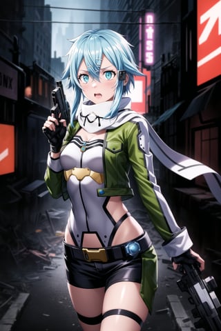 ((Best quality)), masterpiece, Sinon1, (surprised:1.5), lips, aiming at viewer, holding pistol, ((Sinon, cyberpunk, hair ornament, hairclip)), ((arms outstretched, pose)), 1girl, bangs, belt pouch, black gloves, black shorts, blue eyes, blue hair, fingerless gloves, green jacket, green legwear, gun, hair between eyes, hair ornament, hairclip, highres, jacket, long sleeves, outdoors, handgun, scarf, shadow, short hair, short hair with long locks, short shorts, shorts, sidelocks, Sinon, pistol, solo, sword art online, weapon, Anime illustration, post-apocalyptic cyberpunk setting, cowboy shot.

Sinon is on her knees, out of breath and agitated, with a surprised expression, lips slightly parted, as she senses something or someone behind her. She is holding her handgun, arms outstretched, aiming it at the viewer but glancing over her shoulder with wide eyes. The background features a ruined cityscape with neon signs, broken buildings, and flickering lights, enhancing the cyberpunk atmosphere. The scene is lit with a mix of neon glows and dark shadows, emphasizing the chaotic and dystopian environment, reinforcing the tension and her heightened sense of alertness.