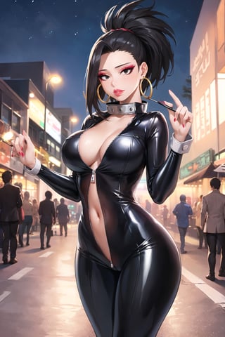 yaoyorozu momo, 1girl, black eyes, black hair, ponytail, long hair, hair pulled back, ,lips, boku no hero academia,  (((hoop earrings,makeup,black bodysuit, unzipped,,latex))),  skin tight, outdoors, city, night, edge lighting,