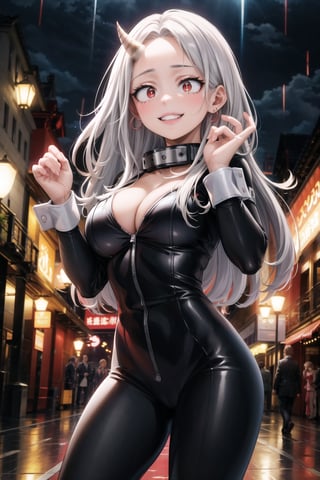 masterpiece,best quality,highres,ultra-detailed, eri, long hair, (red eyes:1.5), grey hair, horns, child, single horn, female child, pose, hoop earring, long_sleeves,large breasts, evil smile, crazy, grin, naughty_face, collar, (((black bodysuit, wrist cuffs))), latex:1.2, large breasts, cleavage, outdoors, nigth, rain, street,standing