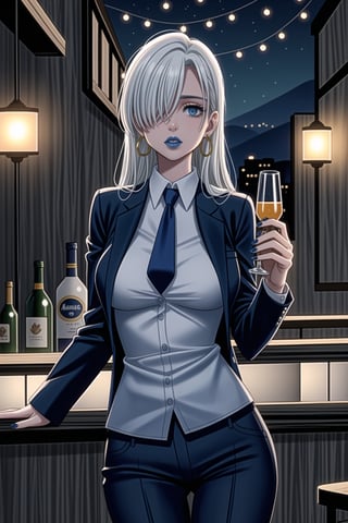 ((best quality)),  ((highly detailed)),  masterpiece,1girl, 1girl, (lips:1.3) (blue lips:1.2),pose:1.2, white shirt, suit, black jacket, black pants, black necktie, large breast, (hoop earrings:1.2), blue nails, looking at viewer, standing, cowboy shot, bar,outdoor,lamp,nigth,space, alcohol, blue nails, wristband,lizabeth, long hair, blue eyes, white hair, hair over one eye, single earring,<lora:659111690174031528:1.0>