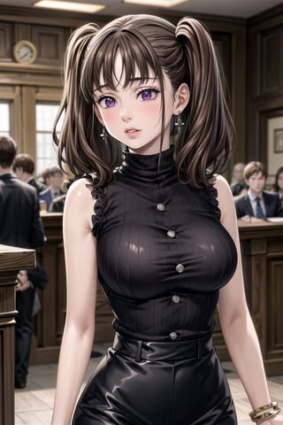 ((best quality)),  ((highly detailed)),  masterpiece,  ((official art)), (diane, twintails, earrings),lips, sleeveless, bare shoulders, figure, turtleneck, ((black shirt)), black pencil skirt,office, lady office, print skirt, floral print, high-waist skirt, shirt_tucked_in, building, bracelet, parted lips, cellphone picture, indoors, intricately detailed, hyperdetailed, blurry background, depth of field, best quality, masterpiece, intricate details, tonemapping, sharp focus, hyper detailed, trending on Artstation, 1 girl, high res, official art