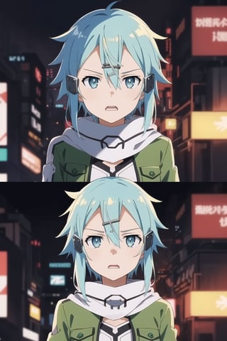 (best quality), (highly detailed), masterpiece, (official art), ((sinon1, cyberpunk, hair ornament, hairclip)), 1girl, upper body, bangs, blue eyes, blue hair, blurry, blurry background, fingerless gloves, green jacket, hair between eyes, hair ornament, hairclip, highres, jacket, long sleeves, outdoors, scarf, short hair, short hair with long locks, sidelocks, signature, sinon, solo, darkness, sword art online, turning head, ((open eyes, shocked expression,fear, horror, fear:1.2)), open mouth, 
