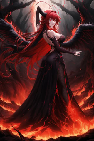 A masterpiece of dark fantasy: Rias Gremory, malevolent demon, lips curled into an evil smile, long flowing red hair cascading down her back like a fiery waterfall. Her delicate ahoge and intricate black gown billow softly as she floats amidst hell's fiery depths. Black wings spread wide behind her, emitting a darkness-infused light that adds to her ominous presence. Red eyes gleam with malevolent intent as she stands poised, arms outstretched in a violent welcome. Softly glowing fire illuminates her figure, while rays of dark light pierce the heavens above, casting an eerie glow on Rias' demonic form. The hellish landscape before her is bathed in red hues, as if infernal flames are breaking through to create this haunting atmosphere.