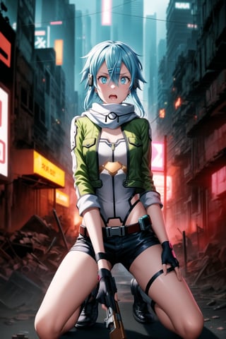 ((Best quality)), masterpiece, Sinon1, (surprised:1.5), lips, aiming at viewer, holding pistol, ((Sinon, cyberpunk, hair ornament, hairclip)), ((arms outstretched, pose)), 1girl, bangs, belt pouch, black gloves, black shorts, blue eyes, blue hair, fingerless gloves, green jacket, green legwear, gun, hair between eyes, hair ornament, hairclip, highres, jacket, long sleeves, outdoors, handgun, scarf, shadow, short hair, short hair with long locks, short shorts, shorts, sidelocks, Sinon, pistol, solo, sword art online, weapon, Anime illustration, post-apocalyptic cyberpunk setting, cowboy shot.

Sinon is on her knees, out of breath and agitated, with a surprised expression, lips slightly parted, as she senses something or someone behind her. She is holding her handgun, arms outstretched, aiming it at the viewer but glancing over her shoulder with wide eyes. The background features a ruined cityscape with neon signs, broken buildings, and flickering lights, enhancing the cyberpunk atmosphere. The scene is lit with a mix of neon glows and dark shadows, emphasizing the chaotic and dystopian environment, reinforcing the tension and her heightened sense of alertness.