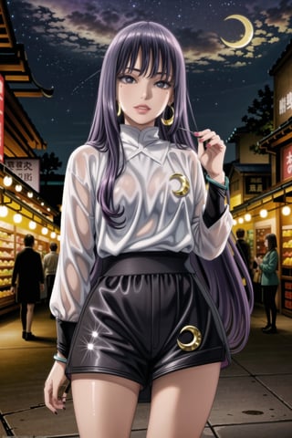 ((best quality)),  ((highly detailed)),  masterpiece,  ((official art)),  detailed face,  beautiful face ,(lips) , (detailed eyes,  deep eyes),(market, outdoor, lamp, chinese market. food, food market, people background, nigth, moon, space, star) ,cowboy shot, ,high society, pose:1.3, seductive smile, (sumire kakei, long hair, purple hair, purple eyes), (long hair:1.2),  (lips),(makeup:1.4), (((((white shirt, long sleeves, jewelry, earrings, shorts, nail polish, bracelet, short shorts, black shorts, crescent))))), curvaceous,  voluptuous body, large breast,  (intricately detailed, hyperdetailed), blurry background, depth of field, best quality, masterpiece, intricate details, tonemapping, sharp focus, hyper detailed, trending on Artstation, 1 girl, solo, high res, official art,,<lora:659111690174031528:1.0>