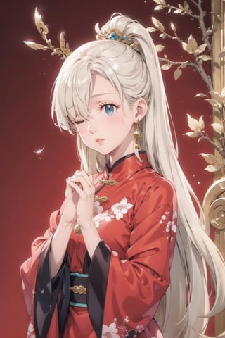  elizabeth, long hair, blue eyes, white hair, hair over one eye,  beautiful girl,wearing black, lips,A Chinese ancient beauty is praying, with hands clasped together, eyes closed in silence, wearing a solemn yet beautiful expression, Red Background