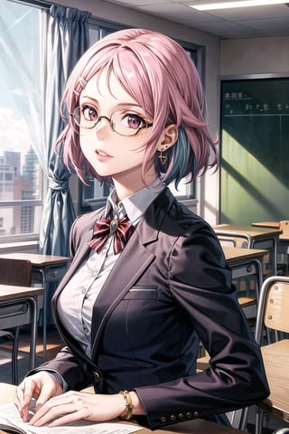 ((best quality)),  ((highly detailed)),  masterpiece,  ((official art)), ( lisbeth, pink hair, hairclip, pink eyes, freckles,earrings ,glasses),lips,  figure, ,(office), suit blazer, no shirt underneath,  in a classroom building, bracelet, parted lips,  indoors, intricately detailed, hyperdetailed, blurry background, depth of field, best quality, masterpiece, intricate details, tonemapping, sharp focus, hyper detailed, trending on Artstation, 1 girl, high res, official art,hilda