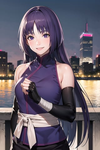 (best quality), (highly detailed), masterpiece, (official art),sumire kakei, smile, long hair, ninja, elbow gloves, bandages, black pants, upper body, looking at viewer, city, night, sky, (intricately detailed, hyperdetailed), blurry background,depth of field, best quality, masterpiece, intricate details, tonemapping, sharp focus, hyper detailed, trending on Artstation,1 girl, high res, official art