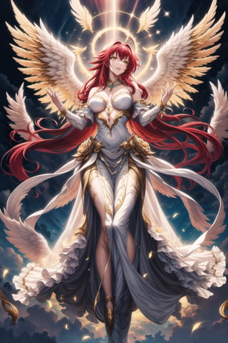 (best quality), (highly detailed), masterpiece, (official art), Rias Gremory as a serene angel, lips smile, with long flowing red hair and a delicate ahoge, luminous white wings spread wide behind her. She is wearing a simple, elegant white gown that flows gracefully around her, softly billowing as she floats in the sky. Rias stands with her arms gracefully open, as if welcoming you with a serene and benevolent presence, her yellow eyes. Rays of divine light shine down from the heavens, illuminating her figure, while she hovers among soft, glowing clouds. The sky is a serene blend of soft pastels, with golden rays breaking through, creating a heavenly and peaceful atmosphere. Her wings emit a gentle, ethereal light, adding to her angelic presence.