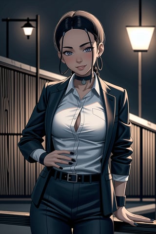 ((best quality)),  ((highly detailed)),  masterpiece,1girl, 1girl, (lips:1.2), seductive smile, smirk, naughty_face,nail polish, solo,   black pants,  formal,  black jacket,  open jacket,  (white shirt),  belt, ,  black jacket, (black suit),  long sleeves,  shirt tucked in,, (black choker), blush, earrings, black nails, looking at viewer, standing, cowboy shot, fingernails,  bar,outdoor,lamp,nigth,space, alcohol, sexy pose:1.2, purple nails, wristband,katara, toned, dark skin, braid, jewelry,,,<lora:659111690174031528:1.0>