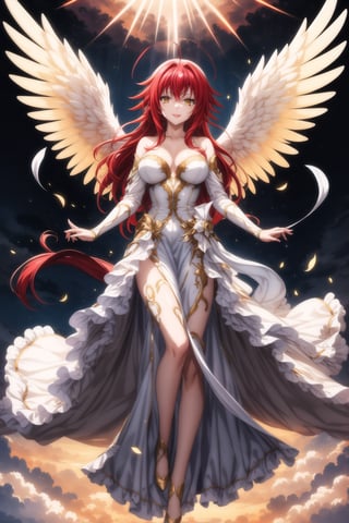 (best quality), (highly detailed), masterpiece, (official art), Rias Gremory as a serene angel, lips smile, with long flowing red hair and a delicate ahoge, luminous white wings spread wide behind her. She is wearing a simple, elegant white gown that flows gracefully around her, softly billowing as she floats in the sky. Rias stands with her arms gracefully open, as if welcoming you with a serene and benevolent presence, her yellow eyes. Rays of divine light shine down from the heavens, illuminating her figure, while she hovers among soft, glowing clouds. The sky is a serene blend of soft pastels, with golden rays breaking through, creating a heavenly and peaceful atmosphere. Her wings emit a gentle, ethereal light, adding to her angelic presence.