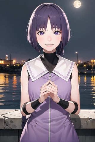 (best quality), (highly detailed), masterpiece, (official art),sumire kakei, smile, single braid, sleeveless jacket, wristband, black shirt, looking at viewer, city, night, sky, moon, standing,  upper body,  best quality, masterpiece, intricate details, tonemapping, sharp focus, hyper detailed, trending on Artstation,1 girl,