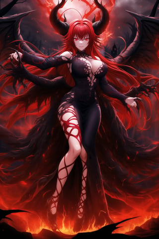 A masterpiece of dark fantasy: Rias Gremory, malevolent demon, lips curled into an evil smile, long flowing red hair cascading down her back like a fiery waterfall. Her delicate ahoge and intricate black gown billow softly as she floats amidst hell's fiery depths. Black wings spread wide behind her, emitting a darkness-infused light that adds to her ominous presence. Red eyes gleam with malevolent intent as she stands poised, arms outstretched in a violent welcome. Softly glowing fire illuminates her figure, while rays of dark light pierce the heavens above, casting an eerie glow on Rias' demonic form. The hellish landscape before her is bathed in red hues, as if infernal flames are breaking through to create this haunting atmosphere.