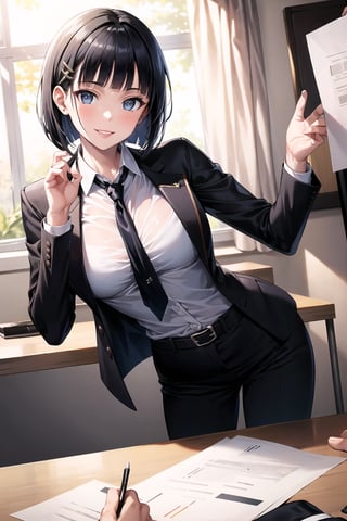 (best quality), (highly detailed), masterpiece, (official art), suguha, short hair, black hair, bob cut, hairclip, hair ornament, blunt bangs, lips, smile, necktie,pose,  black jacket,(black suit), open suit,  open jacket,long sleeves, shirt tucked in,looking at viewer, shirt, black necktie, white shirt, medium breasts,window, formal, office lady,pants, black pants, black belt, business suit, suit,  (intricately detailed, hyperdetailed), blurry background,depth of field, best quality, masterpiece, intricate details, tonemapping, sharp focus, hyper detailed, trending on Artstation,1 girl, solo,high res,official art