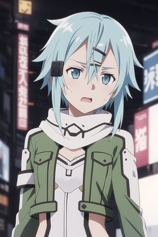 (best quality), (highly detailed), masterpiece, (official art), ((sinon1, cyberpunk, hair ornament, hairclip)), 1girl, upper body, bangs, blue eyes, blue hair, blurry, blurry background, fingerless gloves, green jacket, hair between eyes, hair ornament, hairclip, highres, jacket, long sleeves, outdoors, scarf, short hair, short hair with long locks, sidelocks, signature, sinon, solo, darkness, sword art online, turning head, ((open eyes, shocked expression, surprised:1.2)), open mouth,surprised look,surprised girl,