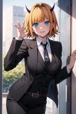 (best quality), (highly detailed), masterpiece, (official art), memcho, short hair, blonde hair, multicolored hair, aqua eyes, blunt bangs, horns, lips, smile, top jacket:1.3,black pants, belt, pose:1.3,,necktie,  black jacket,(black suit), long sleeves, shirt tucked in,looking at viewer, shirt, black necktie, white shirt, medium breasts,window, formal, office lady,pants, business suit, suit,  (intricately detailed, hyperdetailed), blurry background,depth of field, best quality, masterpiece, intricate details, tonemapping, sharp focus, hyper detailed, trending on Artstation,1 girl, solo,high res,official art,memcho