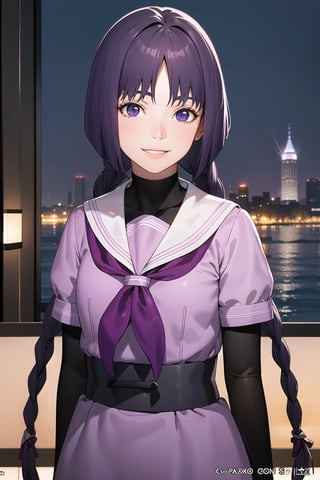 (best quality), (highly detailed), masterpiece, (official art),sumire kakei, smile, purple school uniform, twin braids, purple skirt, purple belt, black shirt,black sleeves,looking at viewer, city, night, sky, (upper body), (intricately detailed, hyperdetailed), blurry background,depth of field, best quality, masterpiece, intricate details, tonemapping, sharp focus, hyper detailed, trending on Artstation,1 girl, high res, official art