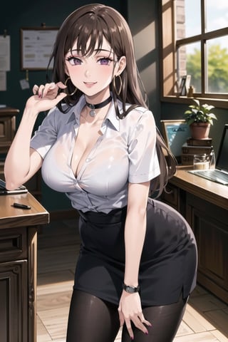 ((best quality)), ((highly detailed)), masterpiece, ((official art)), ( diane, long hair:1.2), (office:1.3), (window, indoors, plant), (seductive smile), (makeup:1.2),(black choker:1.2),(hoop earrings), (high-waist skirt:1.2), (black skirt), (collarbone, cleavage) , (lips:1.2), (narrow_waist:1.2) , wristwatch, skirt, solo, (cowboy shot:1.2), standing, pencil skirt, (leaning forward:1.3),(hands over desktop:1.3),(seductive pose:1.2) collared shirt, (office lady), (white shirt:1.2), (formal:1.1), shirt tucked in, (skirt suit), black pantyhose, dress shirt, intricately detailed, hyperdetailed, blurry background, depth of field, best quality, masterpiece, intricate details, tonemapping, sharp focus, hyper detailed, trending on Artstation, 1 girl, high res, official art