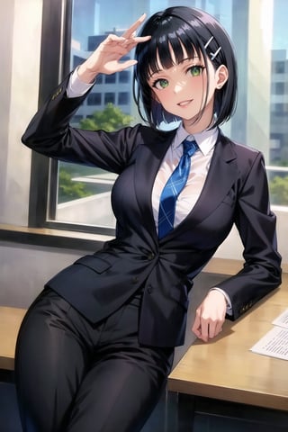 (best quality), (highly detailed), masterpiece, (official art), suguha, short hair, black hair, bob cut, hairclip, hair ornament, blunt bangs, lips, smile, necktie,pose,  black jacket,(black suit), open suit,  open jacket,long sleeves, shirt tucked in,looking at viewer, shirt, black necktie, white shirt, medium breasts,window, formal, office lady,pants, black pants, black belt, business suit, suit,  (intricately detailed, hyperdetailed), blurry background,depth of field, best quality, masterpiece, intricate details, tonemapping, sharp focus, hyper detailed, trending on Artstation,1 girl, solo,high res,official art