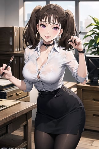 ((best quality)), ((highly detailed)), masterpiece, ((official art)), ( diane, twintails), (office:1.3), (window, indoors, plant), (seductive smile), (makeup:1.3),(black choker:1.2),(hoop earrings), (high-waist skirt:1.2), (black skirt), (collarbone, cleavage) , (lips:1.2), (narrow_waist:1.2) , wristwatch, skirt, solo, (cowboy shot:1.2), standing, pencil skirt, (leaning forward:1.3),(hands over desktop:1.3),(seductive pose:1.2) collared shirt, (office lady), (white shirt:1.2), (formal:1.1), shirt tucked in, (skirt suit), black pantyhose, dress shirt, intricately detailed, hyperdetailed, blurry background, depth of field, best quality, masterpiece, intricate details, tonemapping, sharp focus, hyper detailed, trending on Artstation, 1 girl, high res, official art