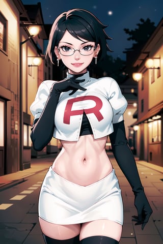 (best quality), (highly detailed), masterpiece, (official art), sarada, black eyes, jewelry, earrings , choker, glasses, swept bangs, posing, lips, smile, Team Rocket, cropped jacket, white jacket, crop top, jacket, gloves, black gloves, elbow gloves, navel, midriff, white skirt, miniskirt, skirt, thighhighs,, looking at viewer, china, asiática, city, night, sky, (intricately detailed, hyperdetailed), blurry background,depth of field, best quality, masterpiece, intricate details, tonemapping, sharp focus, hyper detailed, trending on Artstation,1 girl, high res, official art,sarada