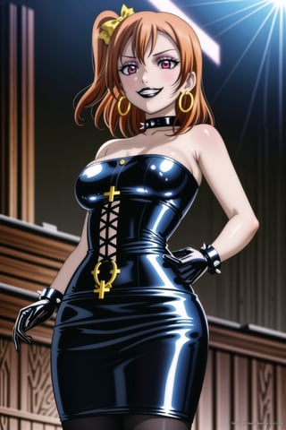 ((best quality)),  ((highly detailed)),  masterpiece,(Black lips:1.4), (white skin:1.4), ((official art)),  detailed face,  beautiful face, (cross-laced clothes:1.3), narrow_waist:1.3, dominatrix:1.4 , (intricate Black dress:1.4), (detailed eyes,  deep eyes),(science fiction, cyberpunk:1.3, street, shopping, pose:1.3, dancing:1.3),((smirk, grin, naughty face, seductive smile, smug)) ,cowboy shot,(lips), kousaka honoka, yellow hair bow, one side up, orange hair,  medium hair, (red eyes:1.3),   (spiked bracelet), corset:1.4, (black hoop earring:1.3), curvaceous, voluptuous body, (makeup:1.5) (lips:1.3), (latex:1.3),  (black tube top:1.2), gloves,elbow gloves, skirt, black choker, pencil skirt, pantyhose, miniskirt, (black skirt), black gloves, black legwear, black nails,large breasts:1.2, (intricately detailed, hyperdetailed), blurry background, depth of field, best quality, masterpiece, intricate details, tonemapping, sharp focus, hyper detailed, trending on Artstation, 1 girl, solo, high res, official art,RockOfSuccubus,kousaka honoka,honoka kousaka,<lora:659111690174031528:1.0>