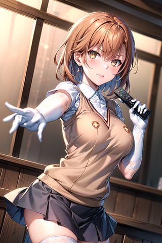 ((best quality)),  ((highly detailed)),  masterpiece,1girl, ((remote_control, aiming_at_viewer, closed_mouth, sparkling_eyes, smug, shaded_face)),(large breasts), tokiwadai school uniform, sweater vest, short sleeves, (](white gloves, elbow gloves)), pleated skirt, white thighhighs ,1girl, lips:1.2, makeup:1.2, ((gyaru)) ,jewelry, blush, earrings, looking at viewer, standing, cowboy shot, red hair, school, short hair, aamikoto ,hmmisaki,hypnoCollar,V-shaped eyebrows, 1girl