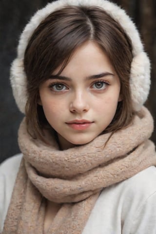 a close up of a person wearing a scarf and ear muffs, a picture, realism, fashion model, white skin color, teenager girl, portrait of arya stark, symmetric and beautiful face, with round face, girl with brown hair, fluffy'', ((((NUDE)))