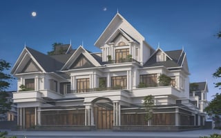 (best quality, masterpiece, high_resolution:1.5), facade design plan for a house in Vietnam, with wonderful and luxury exterior style by Zaha Hadid. Dark Glass and LED lighting make the facede of this 3 layers house look awesome . Night light from lamps and moon.,firefliesfireflies,Thai style roof,Wonder of Art and Beauty,Enhance