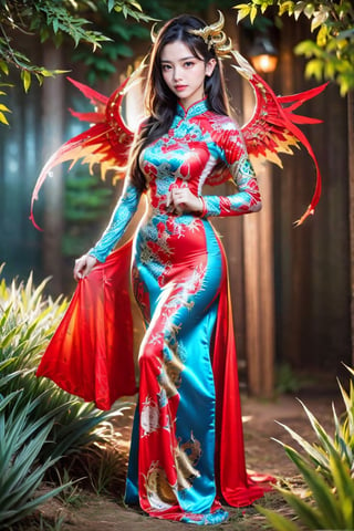 Photograph, Realistic, Full body, Beauty face, Euroasia mix women in ao dai, phoenix ao dai in red with wings, hot body, long leg, standing in middle forest, light mystery.,Daughter of Dragon