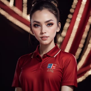 masterpiece,(best quality),ultra-high-resolution, Marketing photoportrait of 1 Vietnamese celeb, beautiful and friendly face, bun_hairstyle, wearing red polo shirt has a Vietnam flag logo, (((background is a solid dark color))). Full detail, 8k, brightness lighting all to character, Vvid color