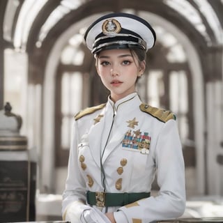 (glamour1.3) photo of a beautiful young confident woman Military officer, BREAK (((wearing offical army white uniform))), BREAK (blush, blemishes:0.6), (goosebumps:0.5), subsurface scattering, iridescent eyes, detailed skin texture, hourglass body shape, textured skin, realistic dull skin noise, visible skin detail, skin fuzz, dry skin, petite, remarkable color, (photorealistic:1.3), fullbody, dramatic lighting, golden_ratio, rule_of_thirds, Fujicolor_Pro_Film,1 girl,slender body,best face ever in Asia