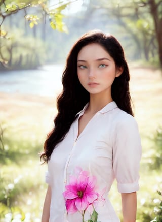 (best quality,8k,highres,masterpiece:1.2), collared shirt,,expressionless,long wavy curly -black_hair,photorealistic,ultra-detailed,White skin,Vibrant natural 16 year old girl photography, dramatic lighting,finely detailed beautiful eyes,fine detailed skin,Natural scenery,majestic landscape,colorful flowers,distant mountains,flowing rivers,melting sunset,serene atmosphere,dazzling sunlight,blissful vibes,freckled face,luscious greenery,soft breeze,ethereal beauty,Wonder of Beauty,Vibrant colors palettes,Perfect skin,Slender body