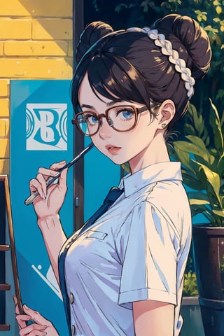 Masterpiece, high quality, 1girl, Bun hairstyle, wear glasses, HD, in style of Fujio F. Fujiko