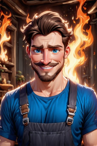 In a cozy, warmly-lit interior, a ruggedly handsome male figure gazes directly at the viewer with a radiant smile. His short brown hair frames his bright blue eyes, while a beard, mustache, and thin scar above the left eyebrow add depth to his features. He dons a rolled-up-sleeved blue shirt and dark blue overalls, exuding a sense of ruggedness. A fiery glow emanates from the background, casting a warm ambiance on his face as if a crackling blue flame fuels the cozy atmosphere, Pixar-style.