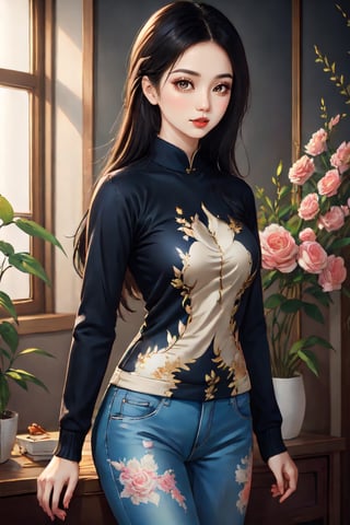 Lovely cute young attractive vietnam  girl, 22 years old, cute, Instagram model, long black_hair, colorful hair,  They are wearing a white, patterned sweater and blue jeans. The background is bright, with sunlight streaming in through windows or open doors.  , indian ,Girl