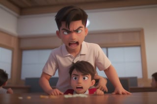 Masterpiece, high quality, UHD, 1 Vietnamese boy, 6 years old, wear white polo shirt, Face flushed with anger and rushed in and pushed the red shirt classmate down, in the play ground, 8k, detail.